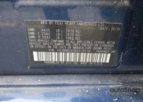 2011 Subaru Legacy 2.5I Premium from USA, damaged, VIN 4S3BMBC6XB3210518